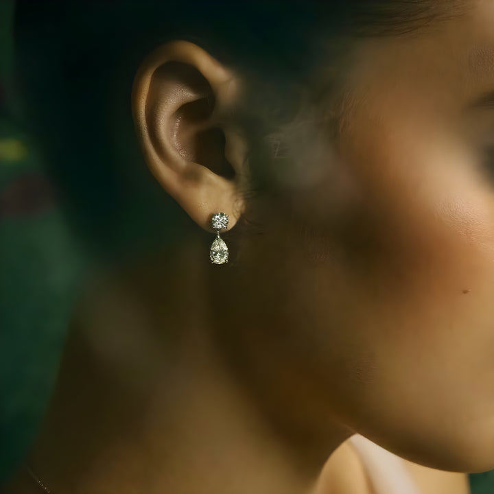 עגילי דרופ טיפה ויהלום עגול